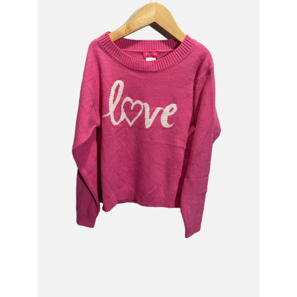 Zunie Girl Love Sweater Kids Medium 7/8 Pink Graphic Heart Knit Pullover Cozy